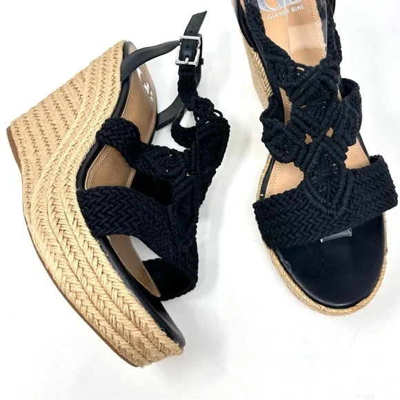 Gianni Bini Women’s Black Macrame Crochet Platform Wedge Sandals - Picture 9 of 15